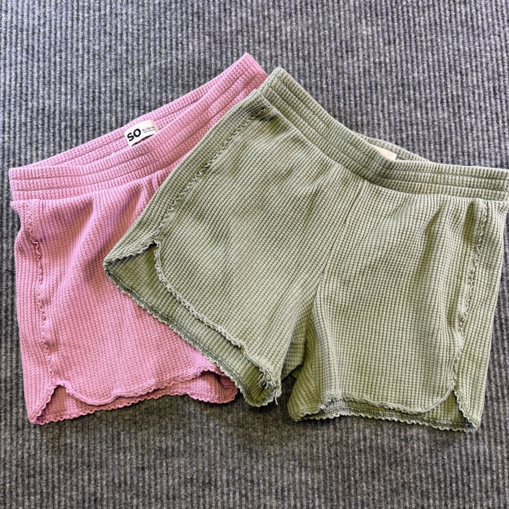 SO Womens Lounge Shorts XL 14/16 Pink Green Waffle Knit 2 Pack Elastic Waist